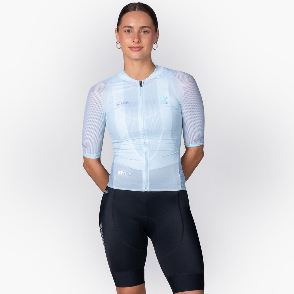 women's frost blue cycling jersey – Zwift Watopia Essentials x Pedal Mafia